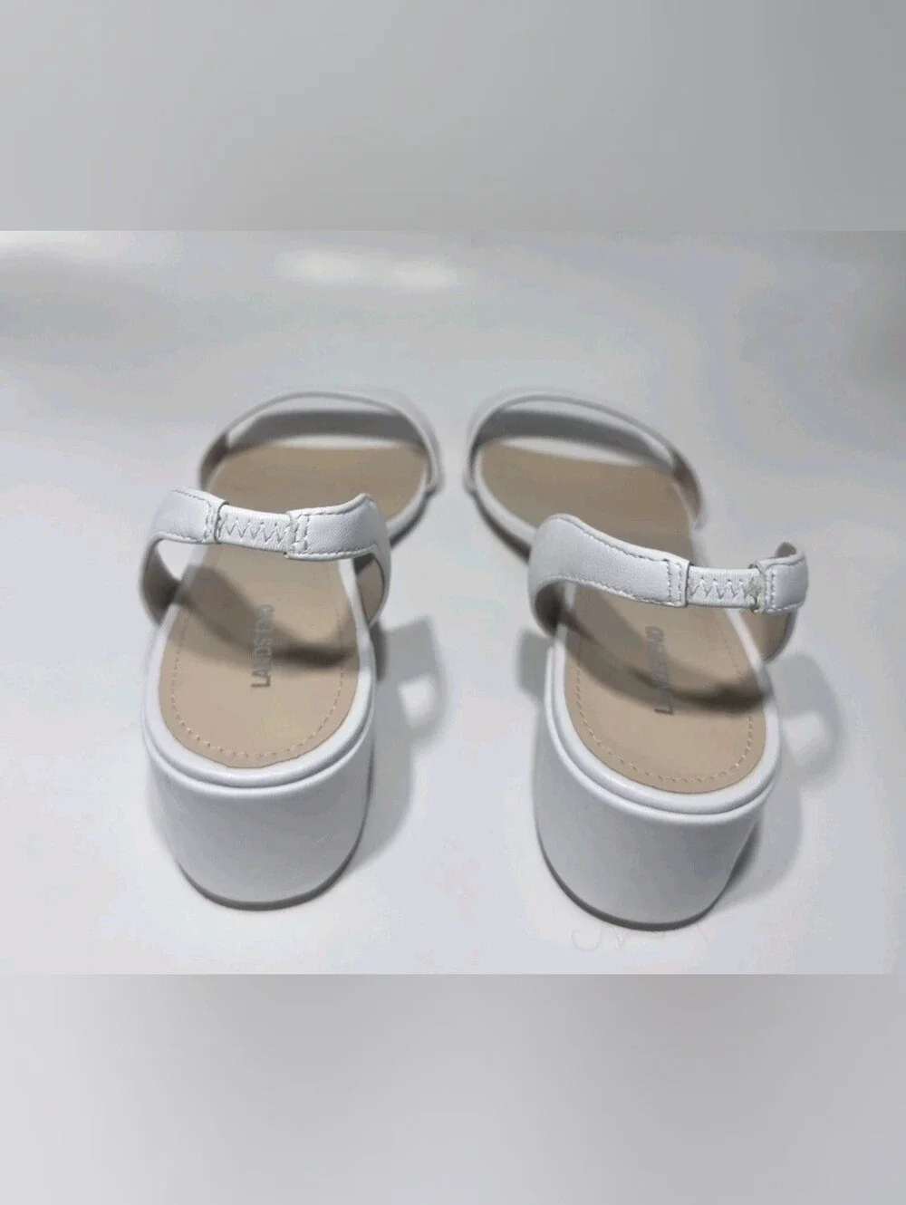 Lands’ End Women’s White Leather Slide Sandals Size Us 9 Mid Block Heel Slip On